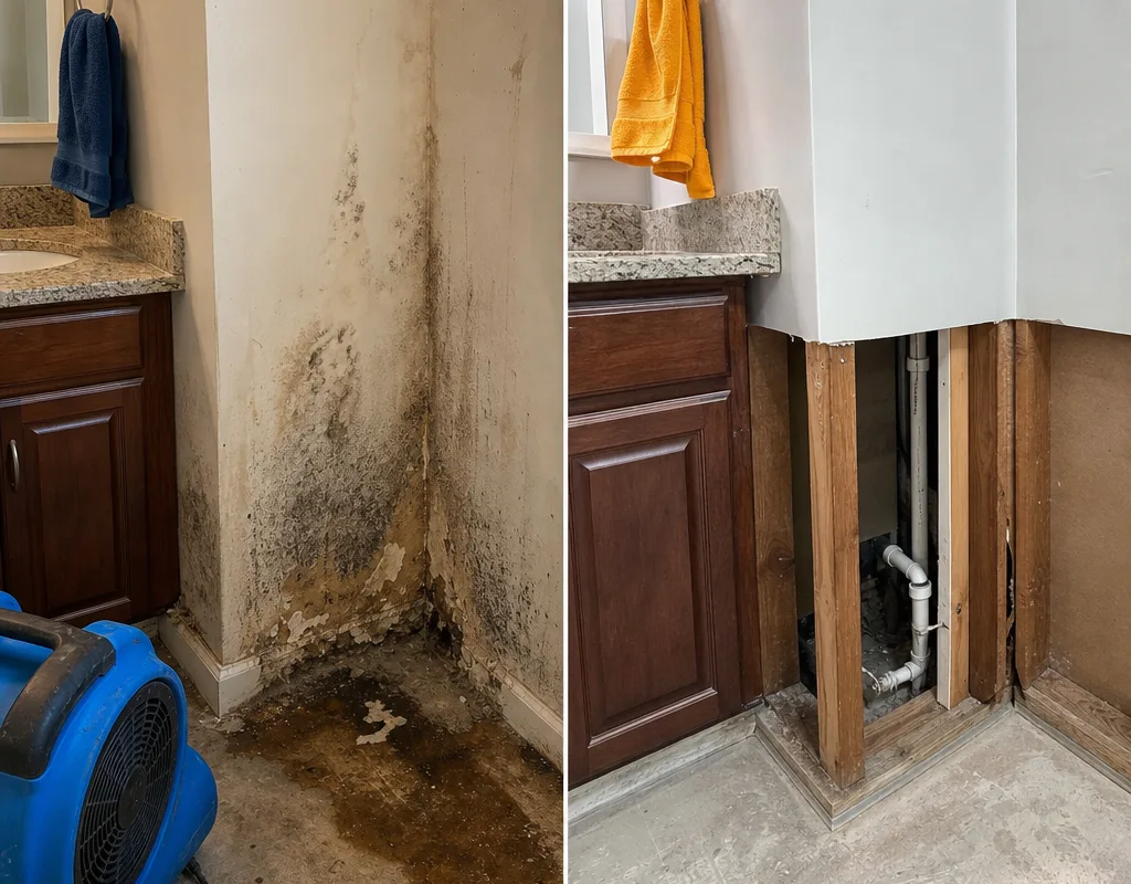 Bathroom vanity area before remediation and after controlled removal and cleaning, ready for repair