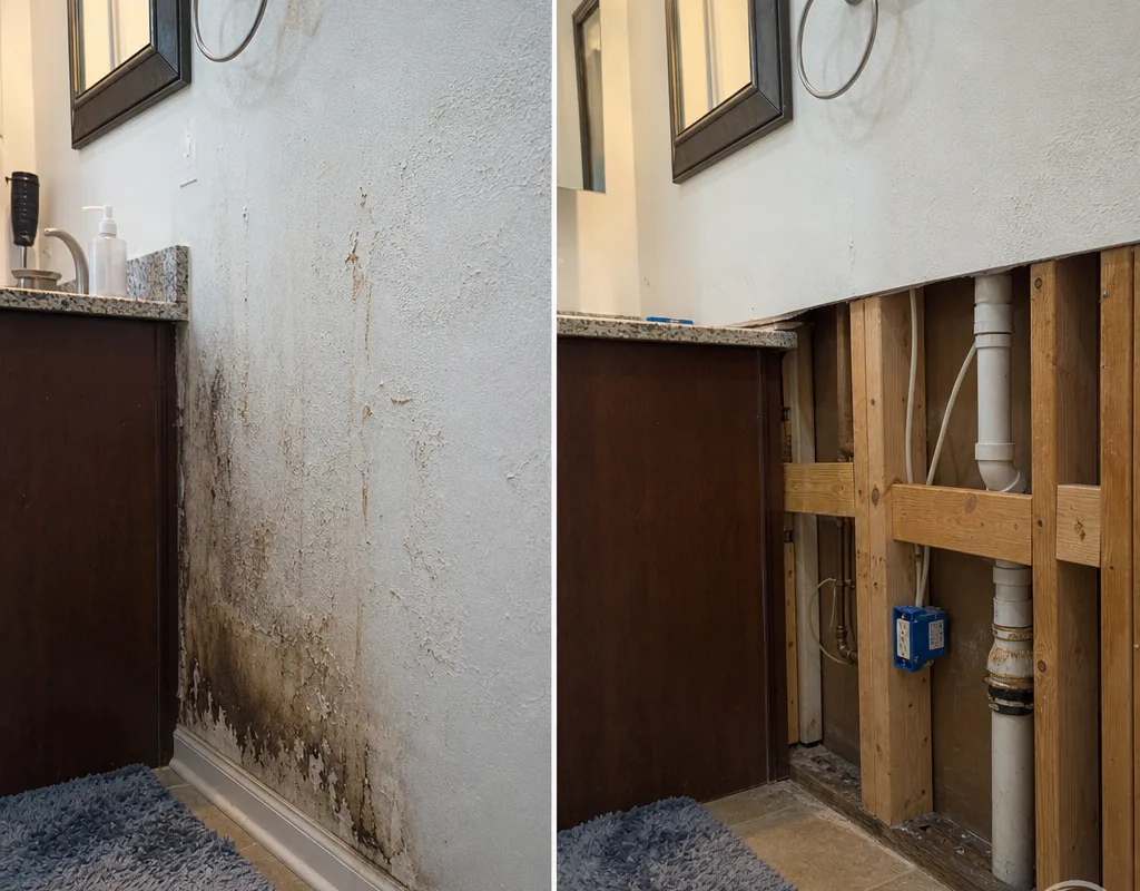 Bathroom vanity area before remediation and after controlled removal and cleaning, ready for repair