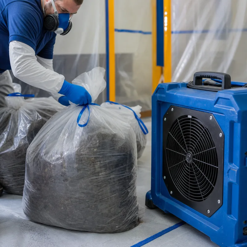 Sealed debris staged inside containment beside a HEPA air scrubber