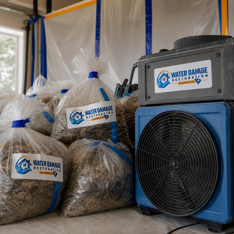 Sealed debris staged inside containment beside a HEPA air scrubber