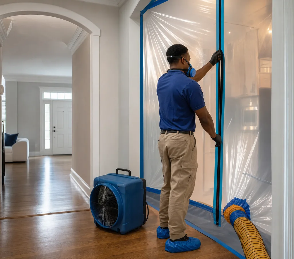 Technician in protective gear setting up plastic containment with an air scrubber in a residential hallway