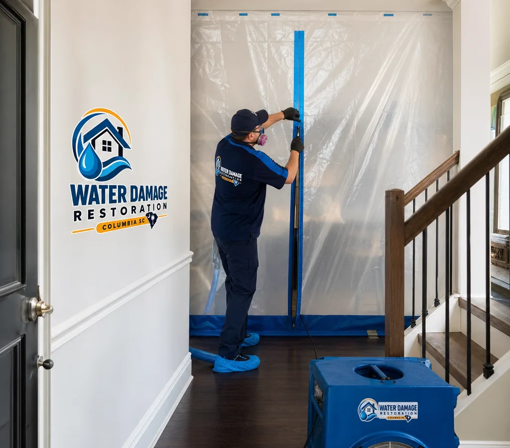 Technician in protective gear setting up plastic containment with an air scrubber in a residential hallway