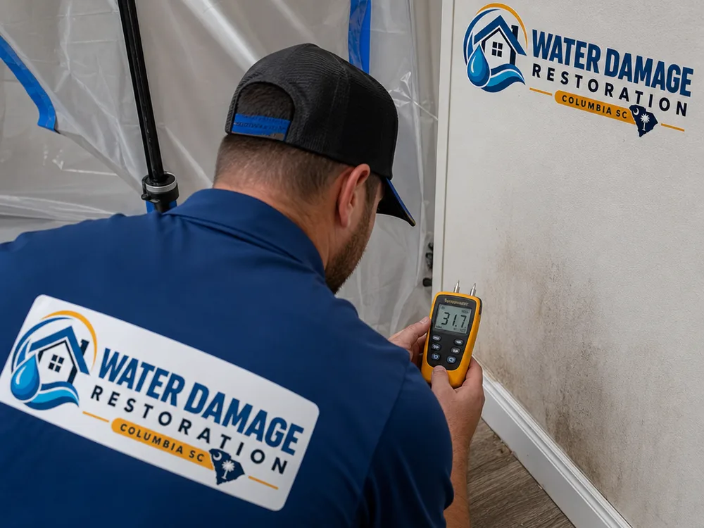 Moisture meter reading on discolored drywall near a baseboard with containment plastic behind it