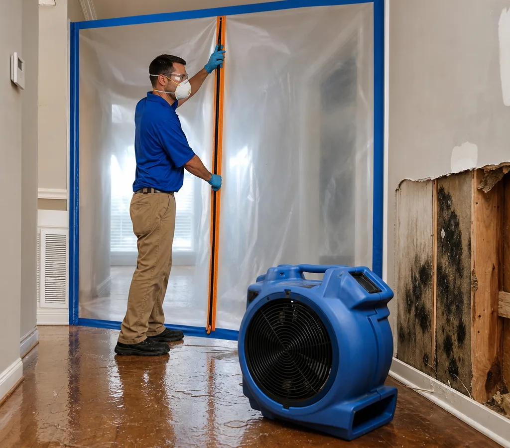 Technician in PPE setting up a plastic containment barrier and negative air machine in a Columbia home hallway near affected drywall