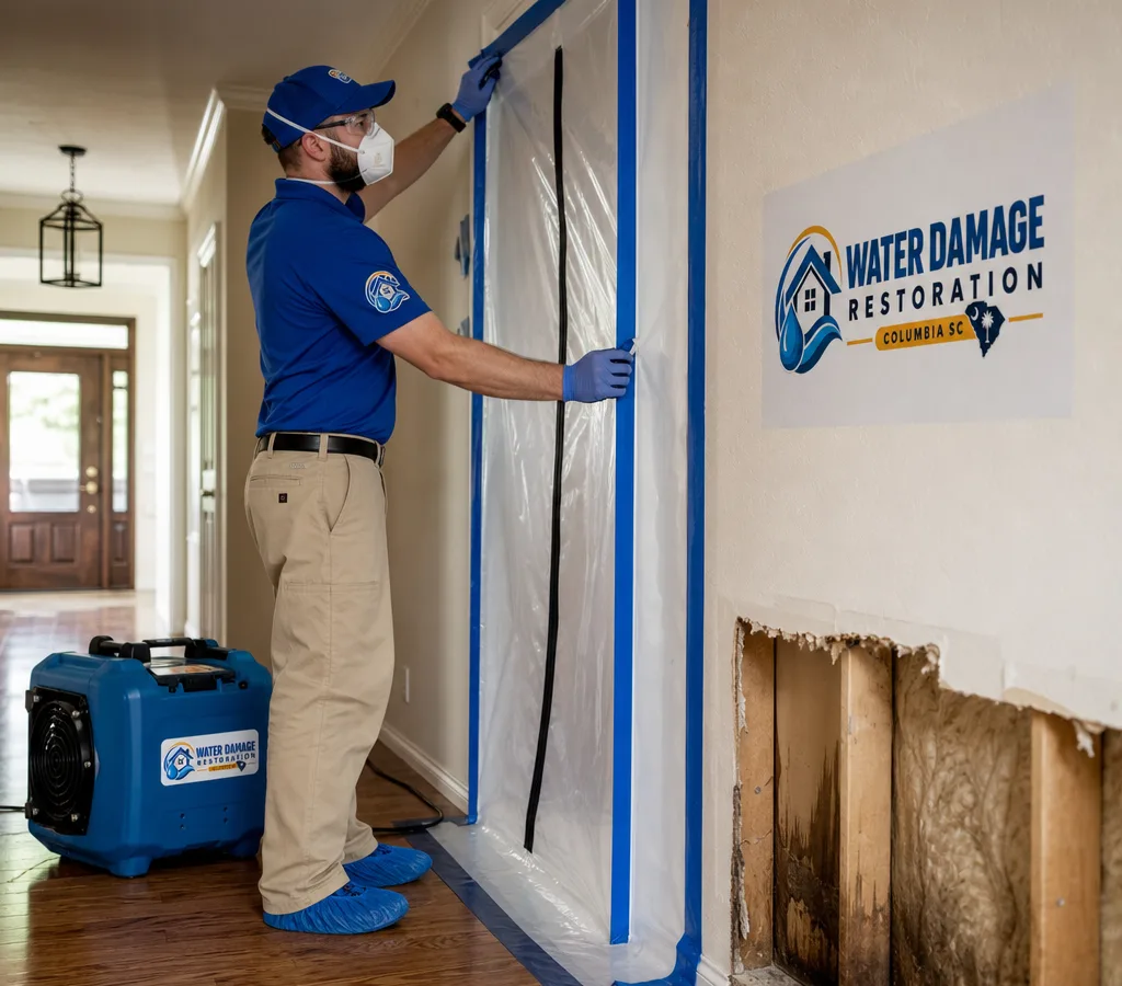 Technician in PPE setting up a plastic containment barrier and negative air machine in a Columbia home hallway near affected drywall