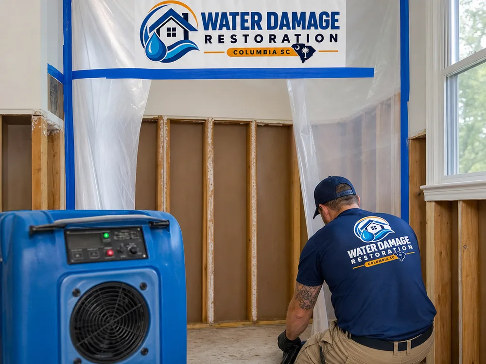 Contained work area with taped plastic, a running HEPA air scrubber, and cleaned exposed wall studs after drywall removal
