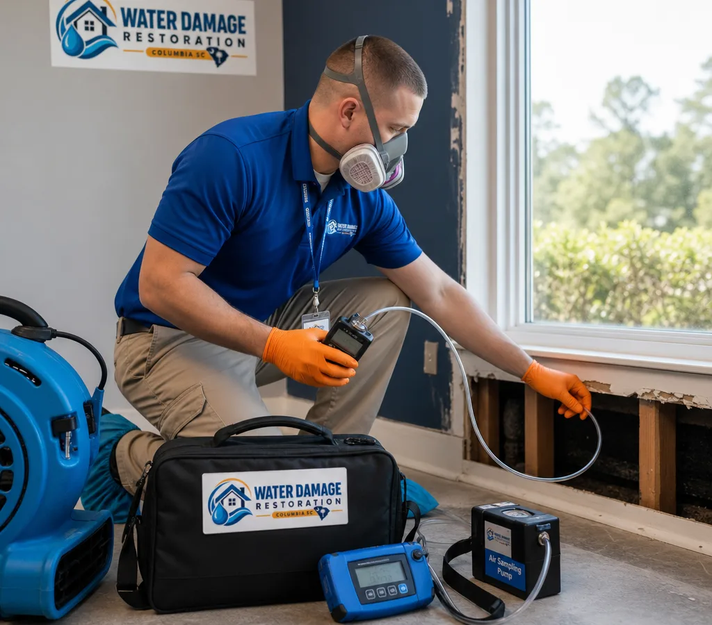 Inspector in protective gear taking an air sample and moisture reading inside a Columbia home