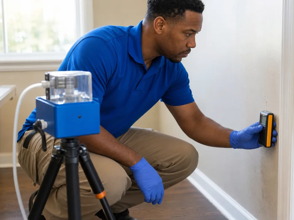 Technician using a moisture meter on drywall beside an air sampling cassette and pump