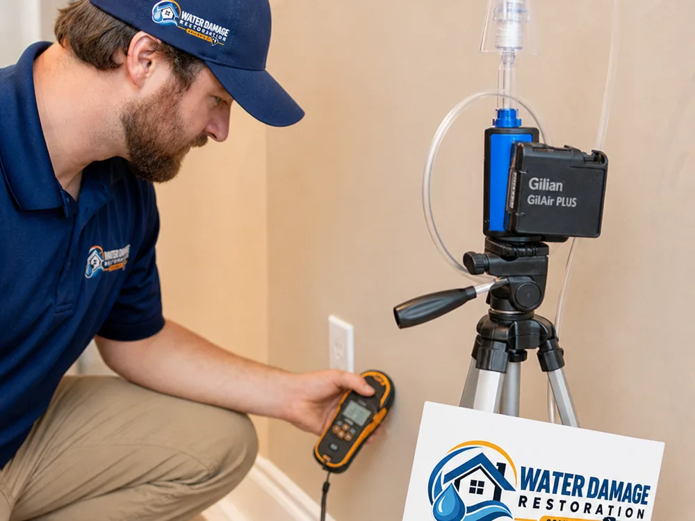Technician using a moisture meter on drywall beside an air sampling cassette and pump