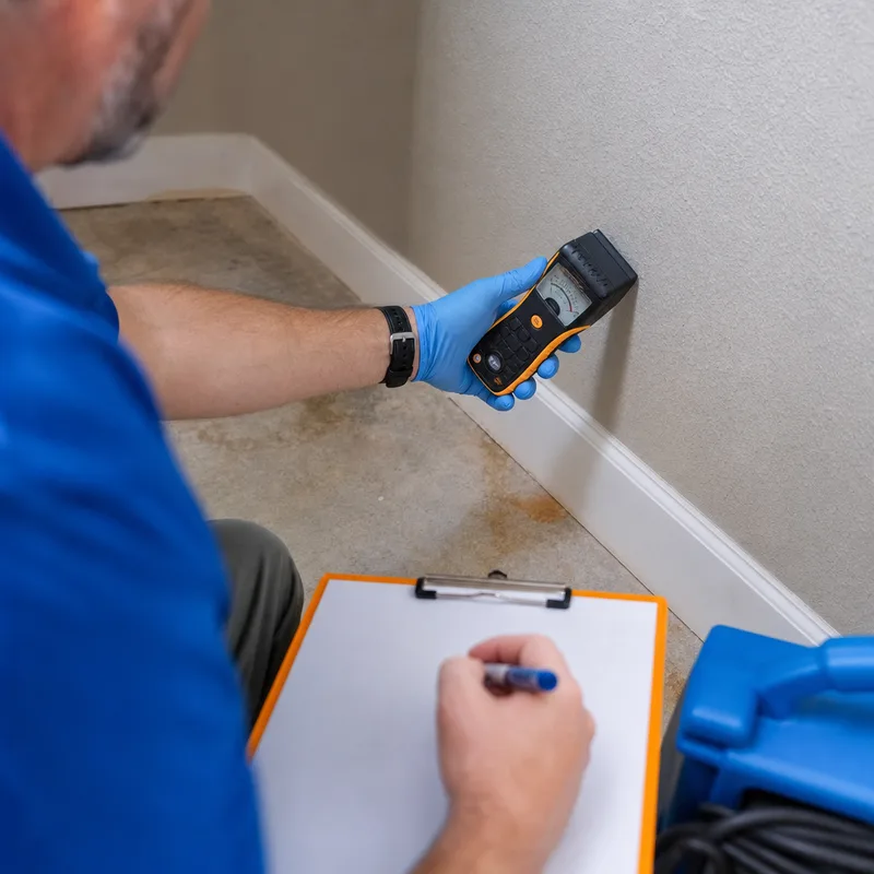 Technician recording moisture meter readings from a baseboard and drywall in a Columbia home