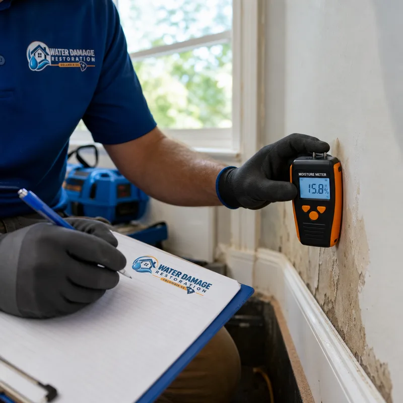 Technician recording moisture meter readings from a baseboard and drywall in a Columbia home