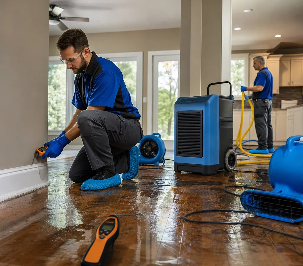 Technicians in protective gear setting up air movers and a dehumidifier near a wet floor while checking moisture at a Columbia-area home