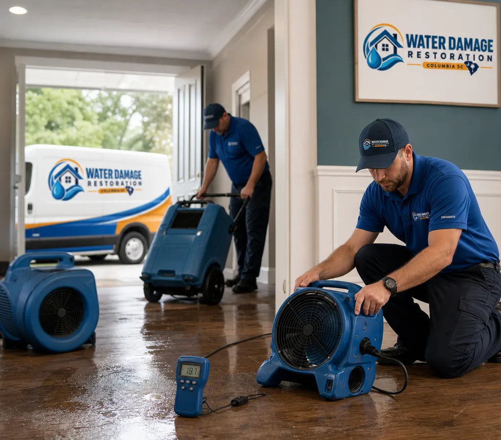 Technicians in protective gear setting up air movers and a dehumidifier near a wet floor while checking moisture at a Columbia-area home