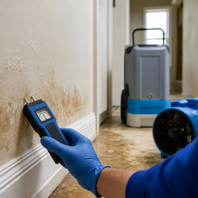 Technician taking moisture meter readings beside a dehumidifier and air mover in a residential hallway
