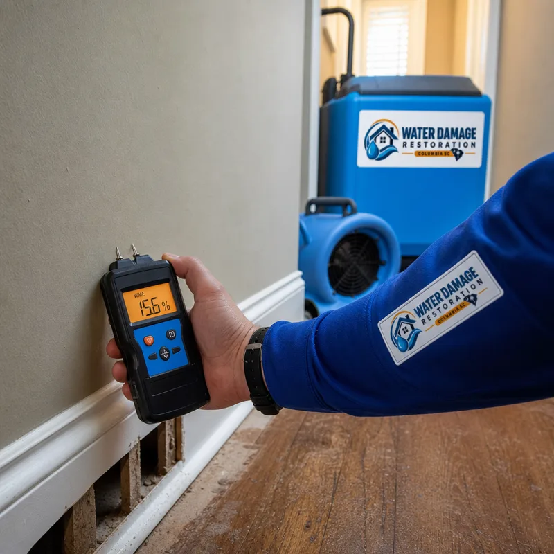 Technician taking moisture meter readings beside a dehumidifier and air mover in a residential hallway