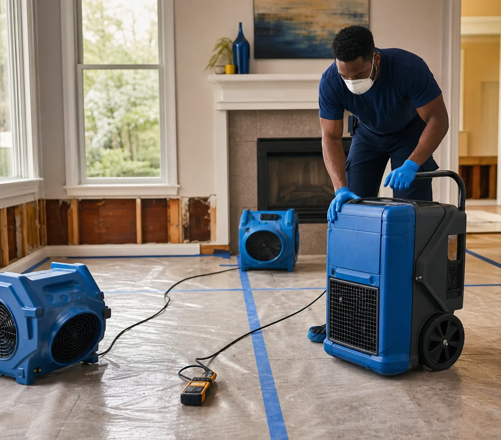 Columbia restoration technician using a commercial dehumidifier and air movers in a water-affected living room