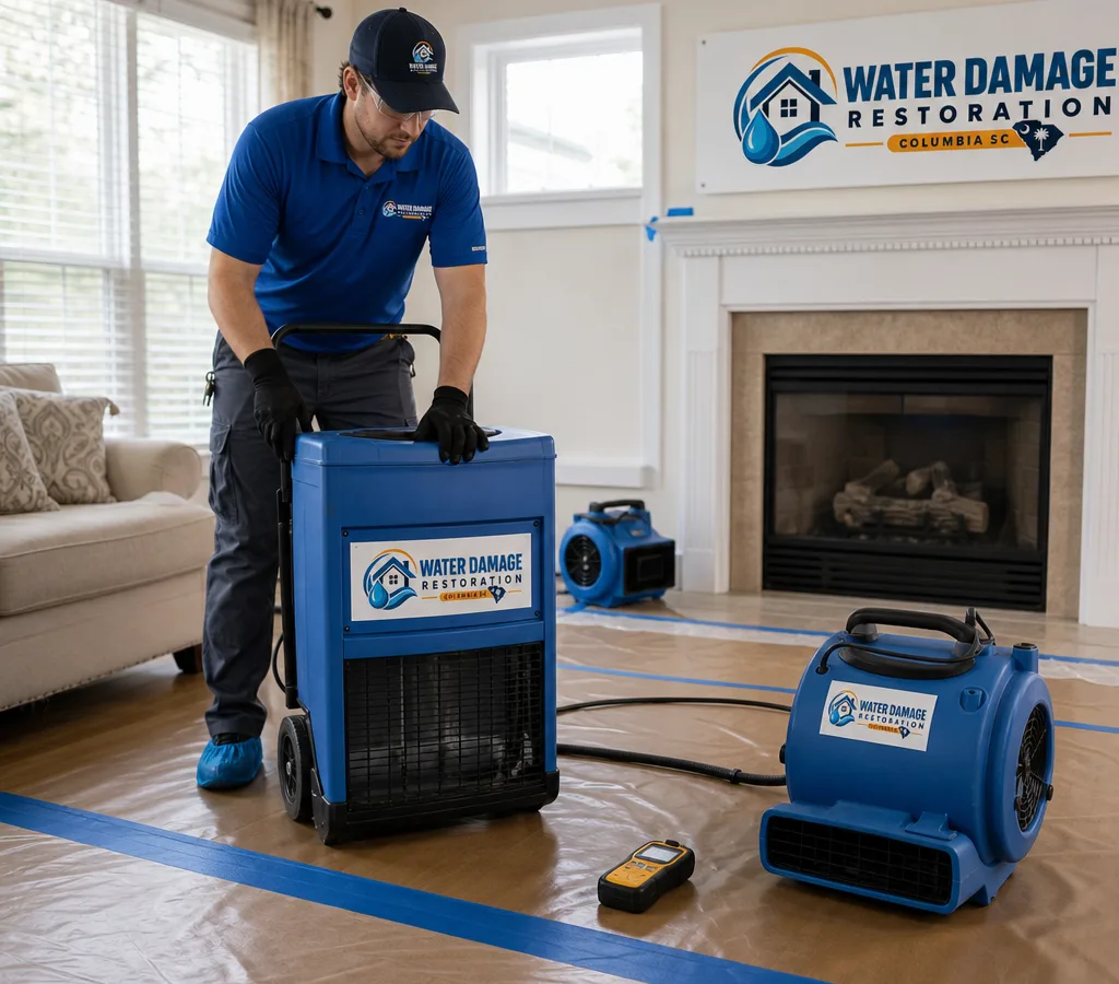 Columbia restoration technician using a commercial dehumidifier and air movers in a water-affected living room