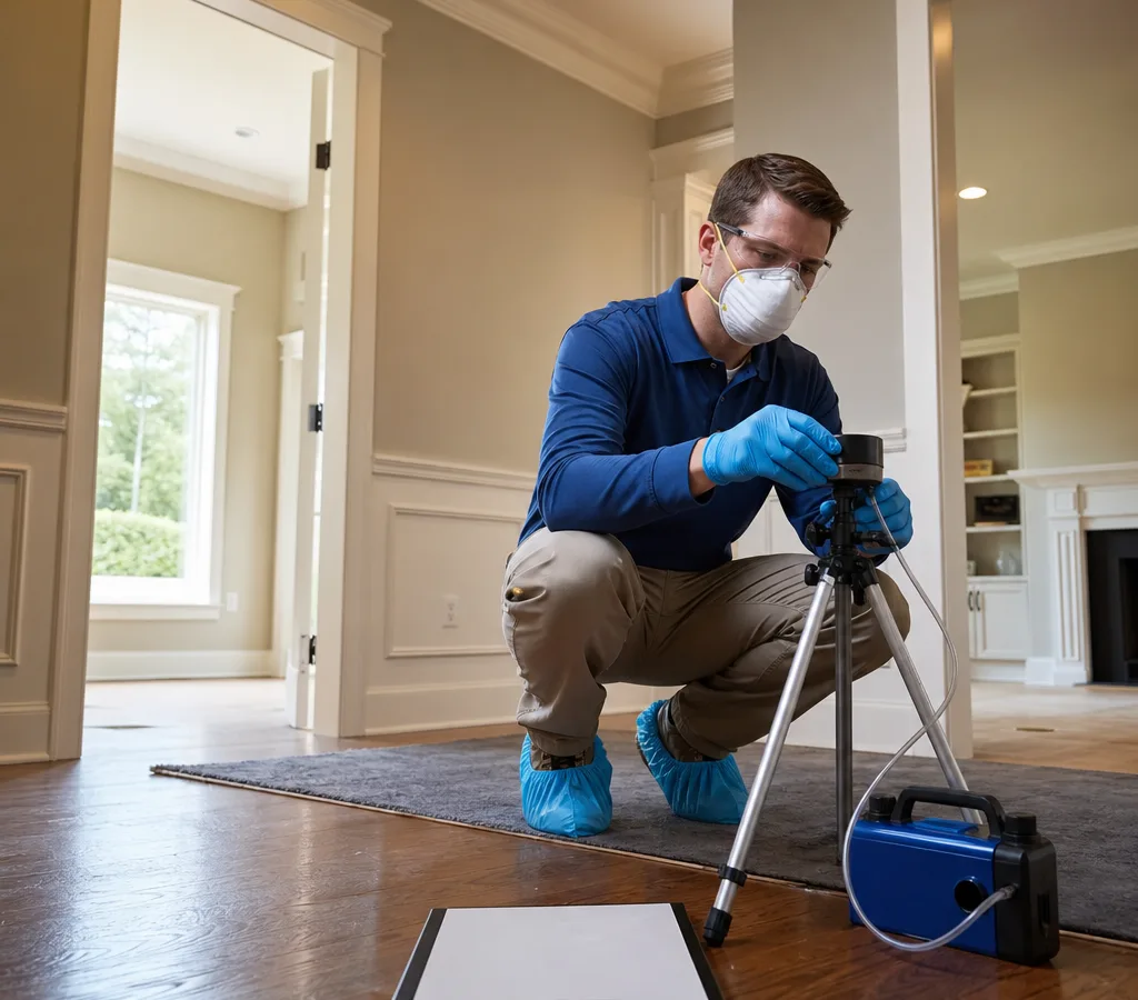 Technician in protective equipment collecting an indoor air sample with a spore trap cassette, sampling pump, and clipboard in a Columbia-area home