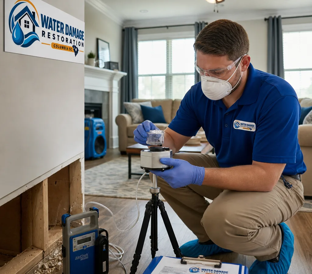 Technician in protective equipment collecting an indoor air sample with a spore trap cassette, sampling pump, and clipboard in a Columbia-area home