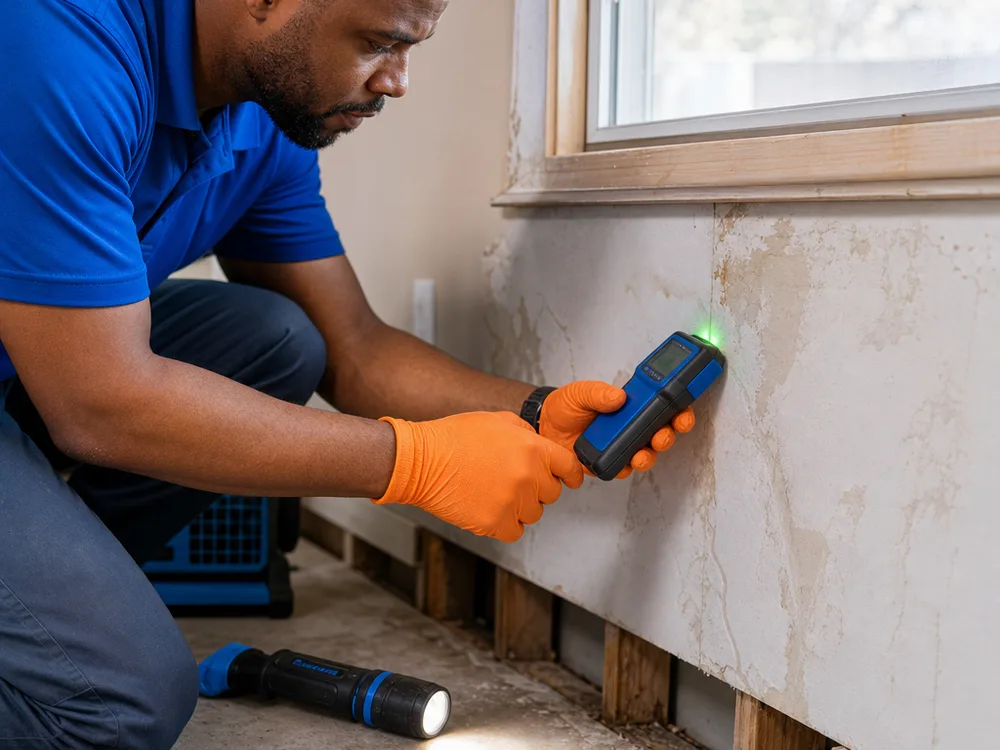 Moisture meter used on drywall near a window frame with an inspection flashlight and notepad nearby