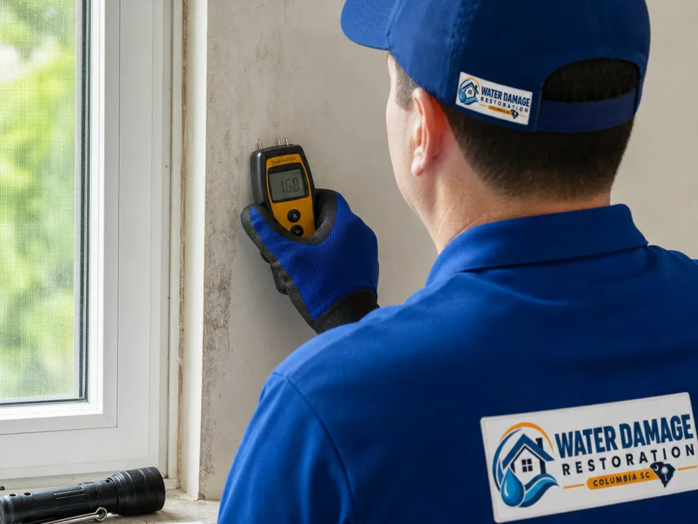Moisture meter used on drywall near a window frame with an inspection flashlight and notepad nearby