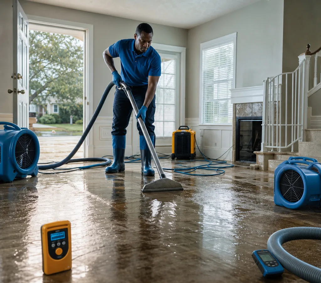 Technician using extraction equipment in a flooded Columbia home with moisture meters and air movers staged for drying