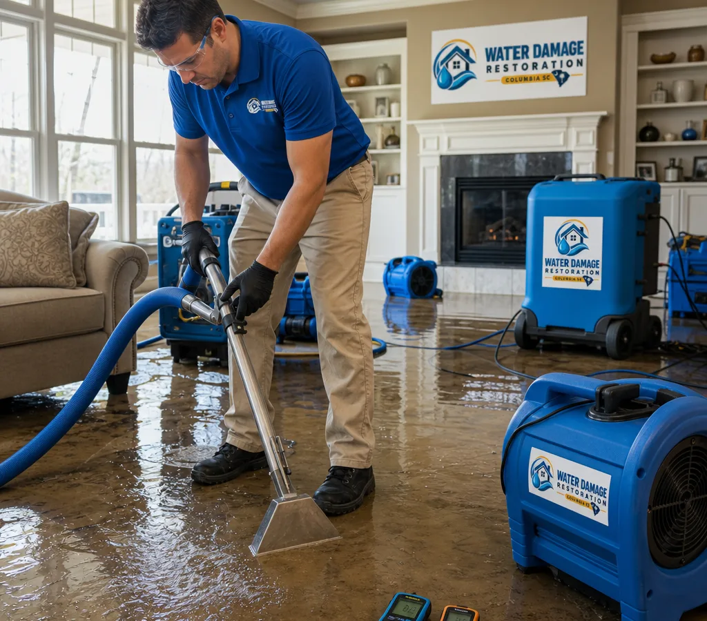 Technician using extraction equipment in a flooded Columbia home with moisture meters and air movers staged for drying