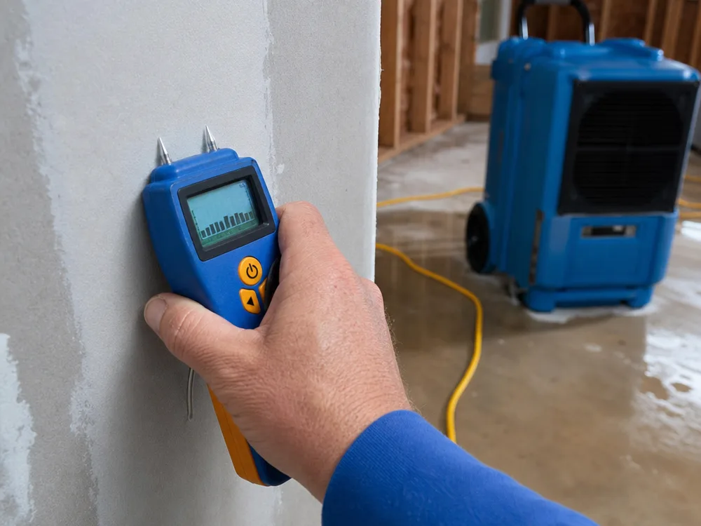 Moisture meter reading on drywall with a dehumidifier operating during structural drying