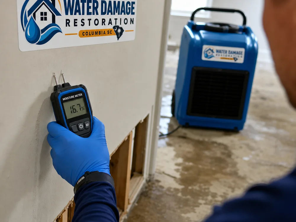 Moisture meter reading on drywall with a dehumidifier operating during structural drying
