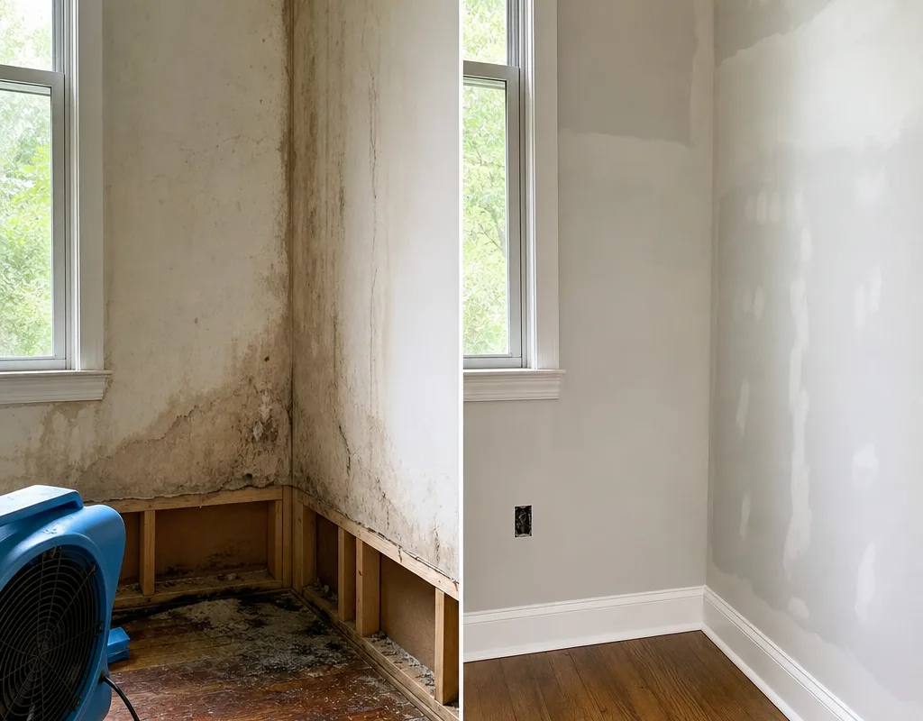 Before and after view of water-stained drywall removed and repaired with matching trim installed