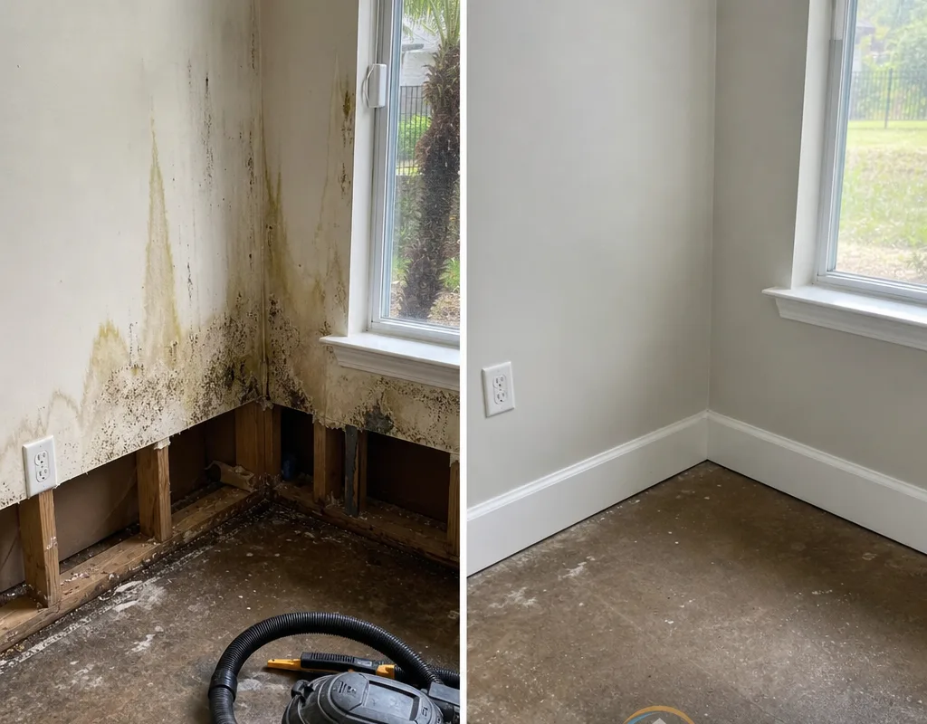 Before and after view of water-stained drywall removed and repaired with matching trim installed