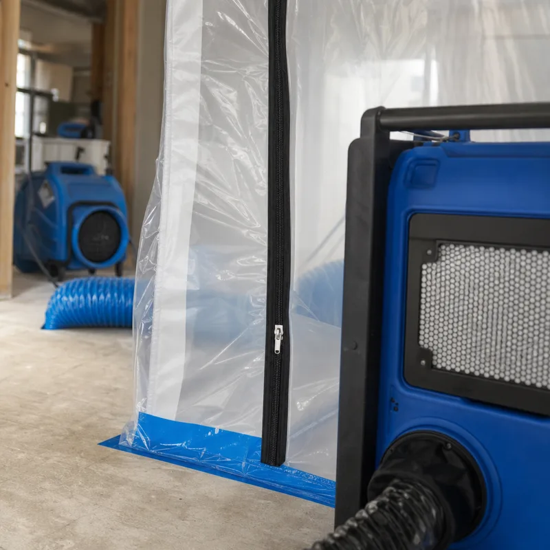 Plastic containment barrier with zipper entry and negative air machine controlling dust