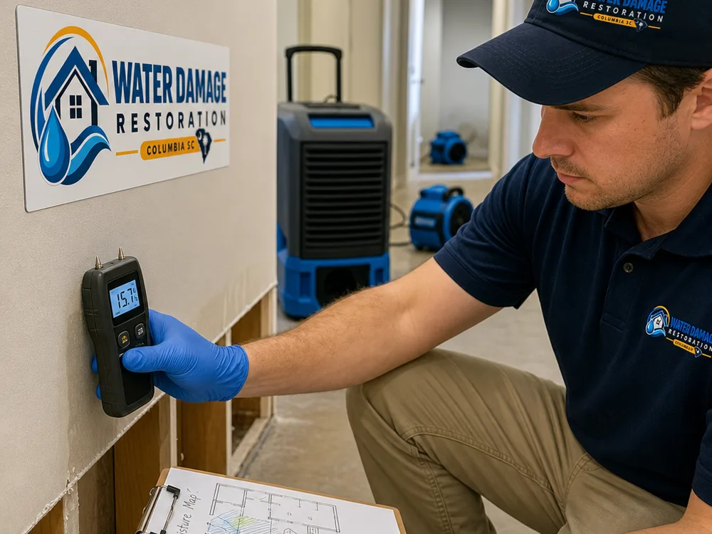 Moisture meter reading on drywall beside a moisture map and controlled drying equipment
