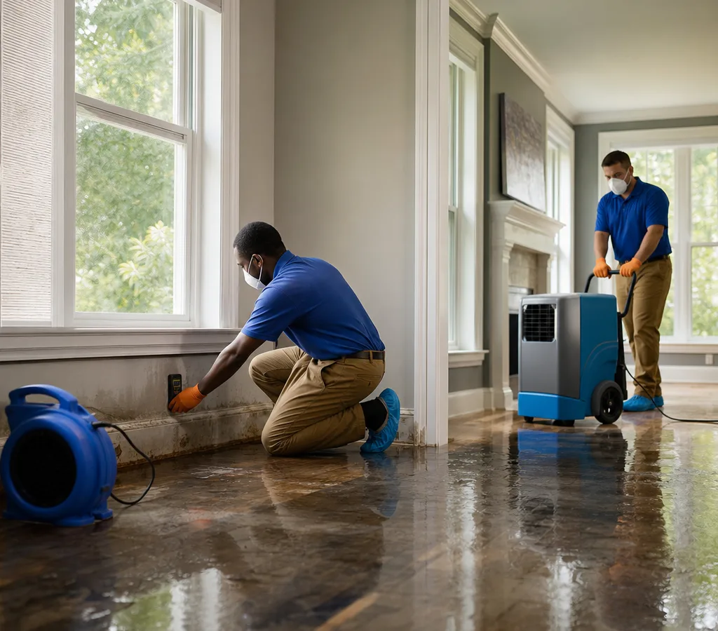 Technicians using an air mover and dehumidifier while documenting moisture readings in a Columbia home