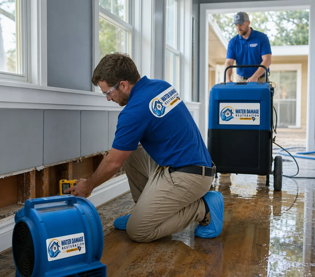 Technicians using an air mover and dehumidifier while documenting moisture readings in a Columbia home