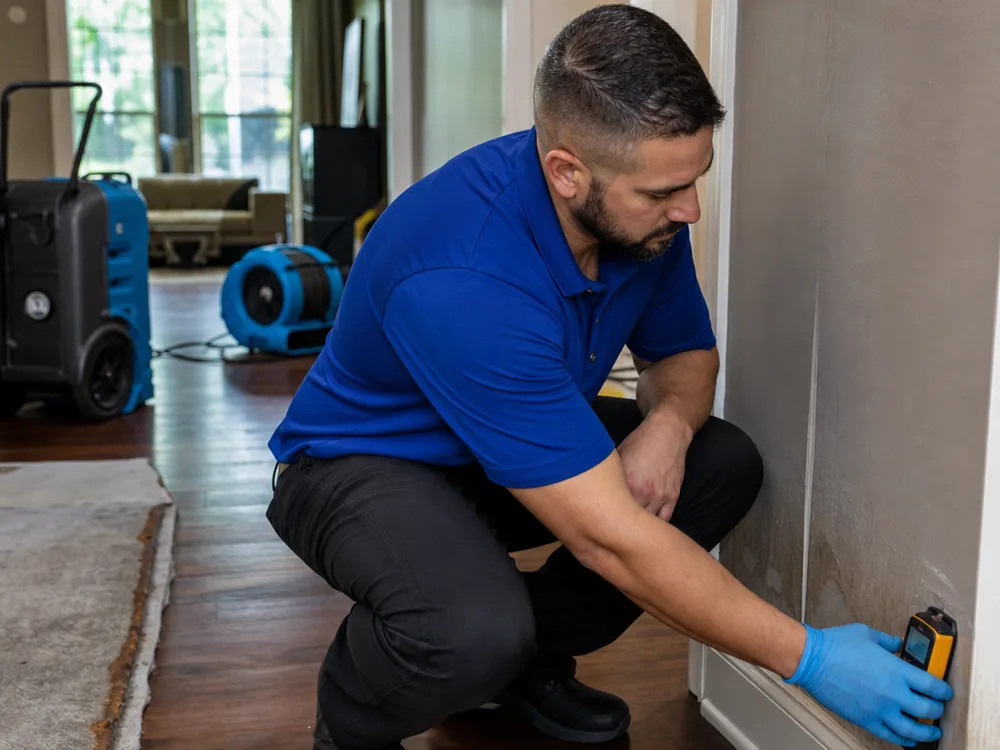 Technician taking moisture readings on drywall and trim with drying equipment staged nearby