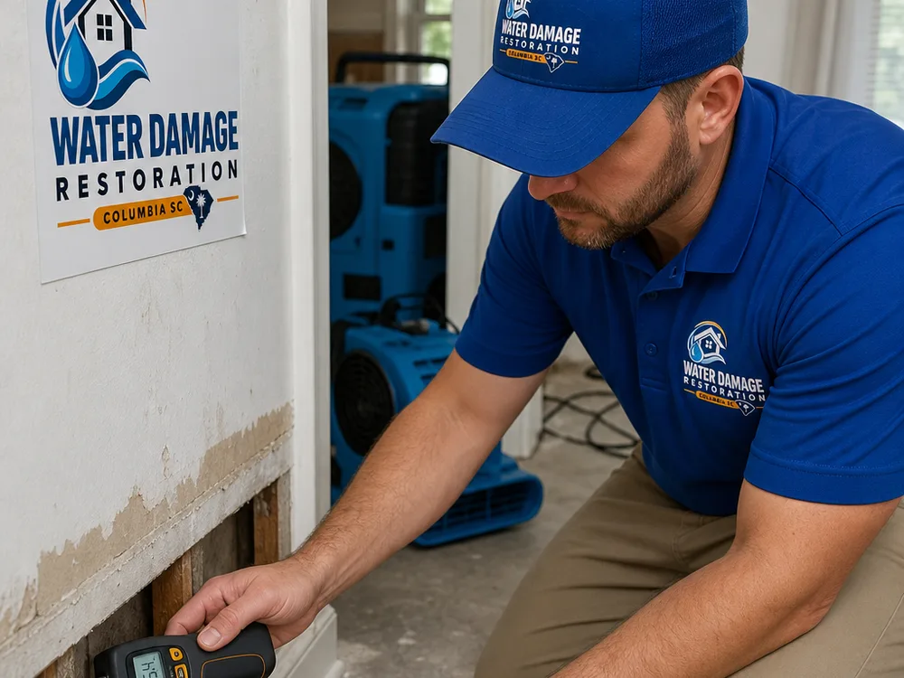 Technician taking moisture readings on drywall and trim with drying equipment staged nearby
