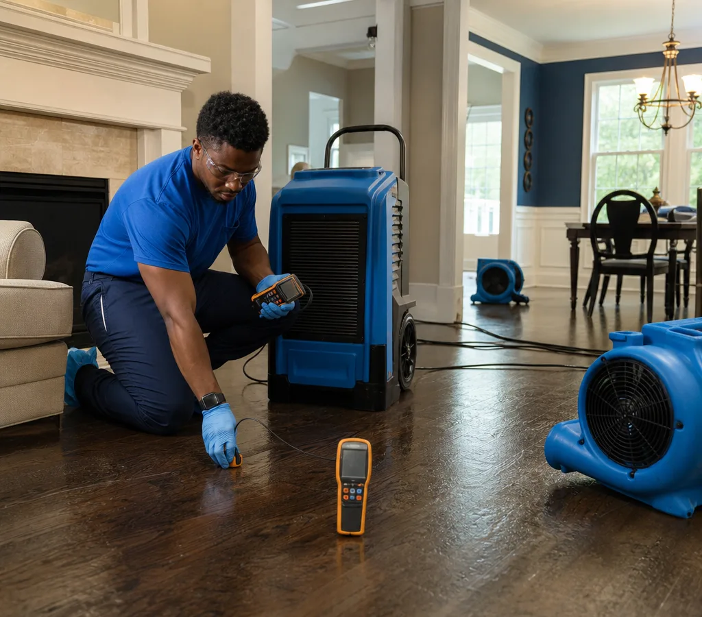 Columbia technician using commercial dehumidification and air-moving equipment in a water-affected living room