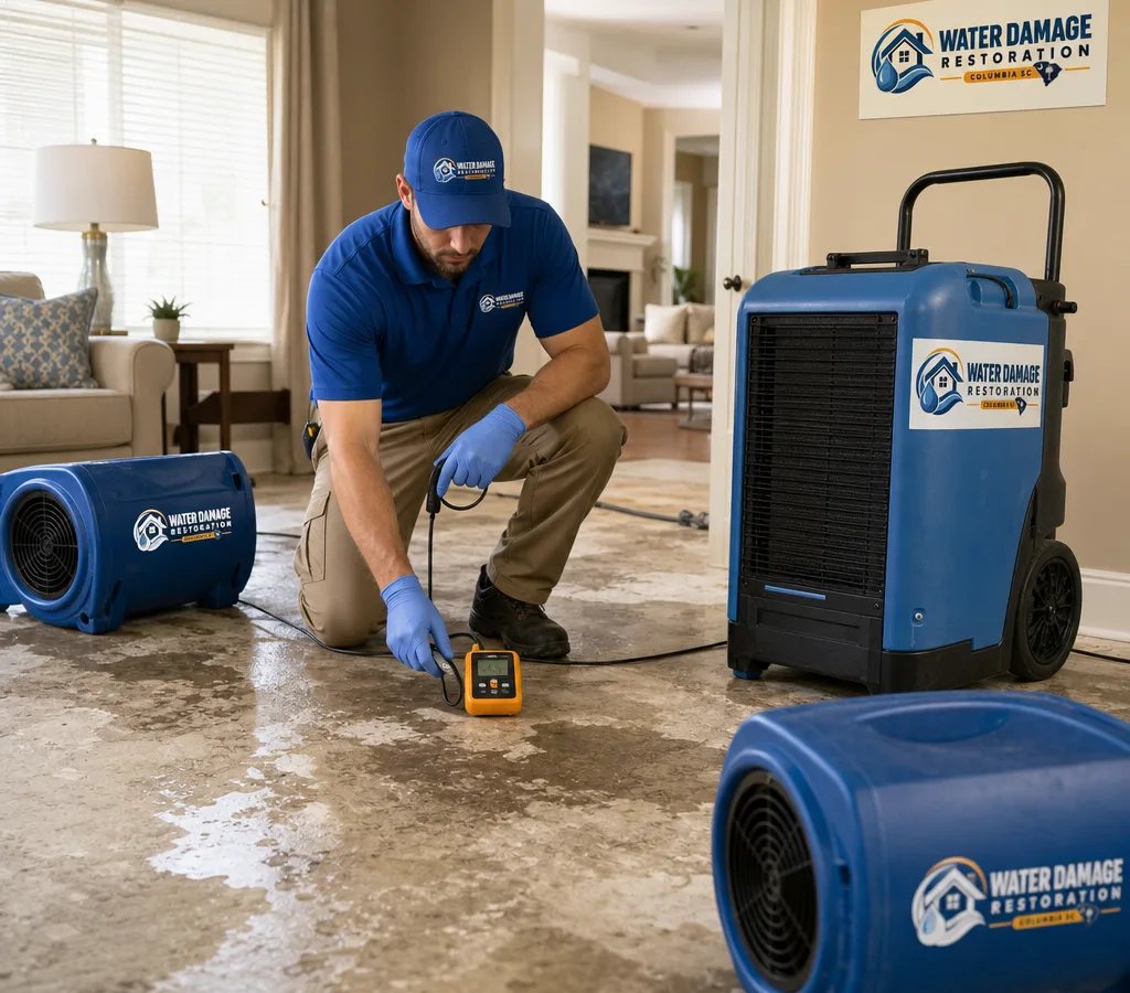 Columbia technician using commercial dehumidification and air-moving equipment in a water-affected living room