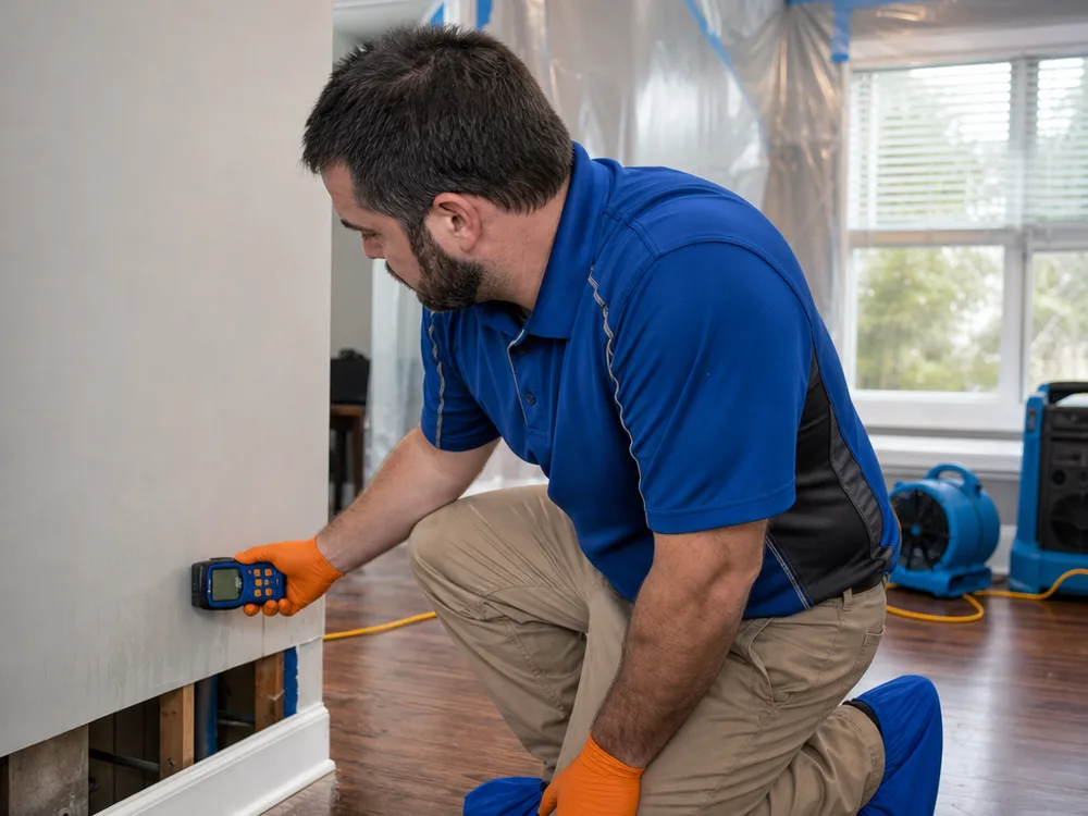Technician taking moisture readings on baseboards and drywall with containment and drying equipment nearby