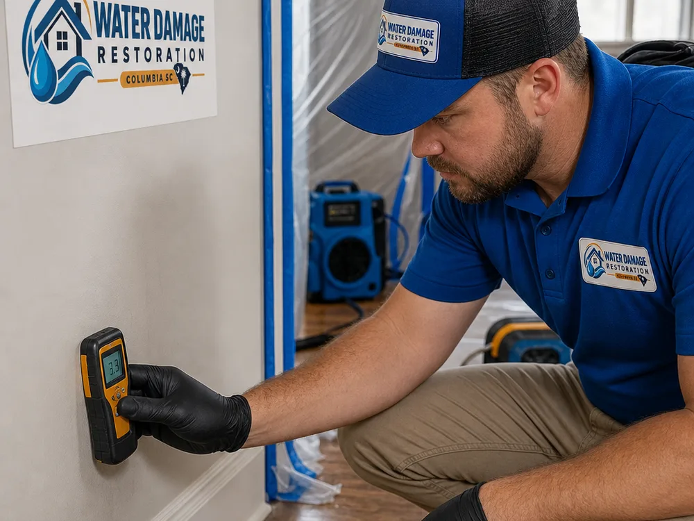 Technician taking moisture readings on baseboards and drywall with containment and drying equipment nearby