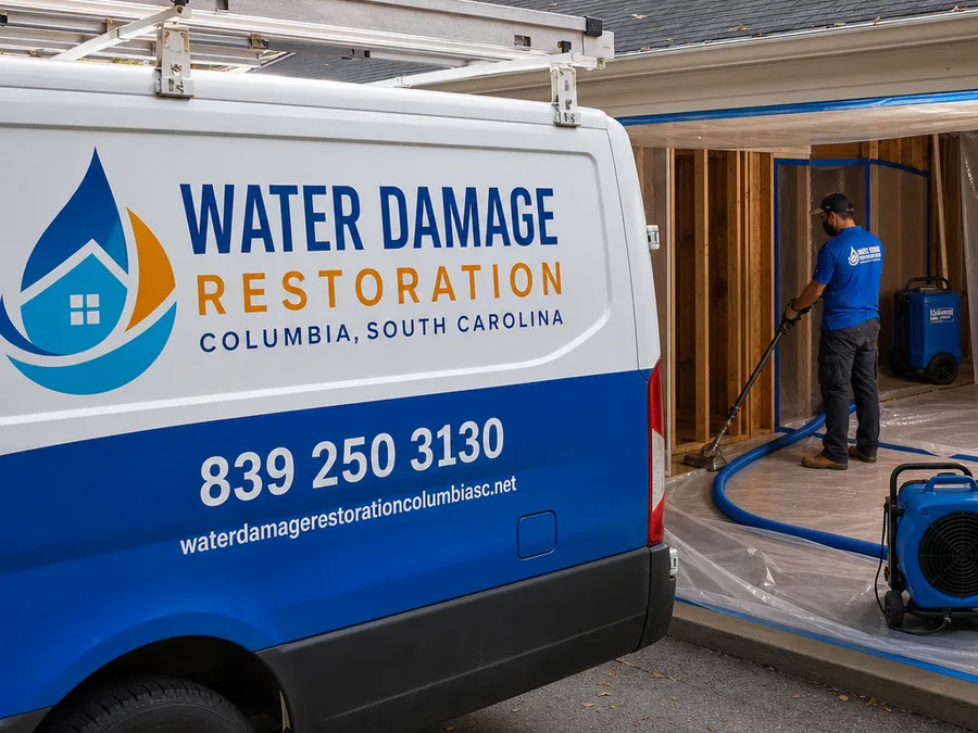 Team member staging air movers and a dehumidifier with cords managed safely