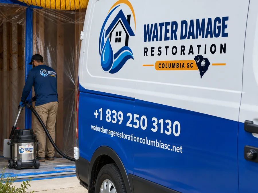 Team member staging air movers and a dehumidifier with cords managed safely