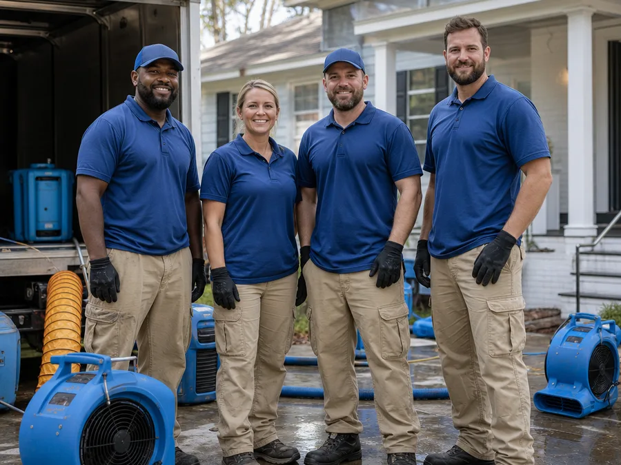 Restoration crew in uniform at a Columbia jobsite with drying equipment staged and PPE visible