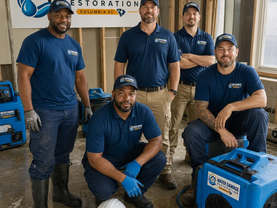 Restoration crew in uniform at a Columbia jobsite with drying equipment staged and PPE visible